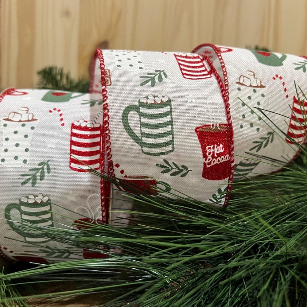 Hot Cocoa White Sage Brown 2.5 in Christmas Ribbon Holiday Craft Supplies